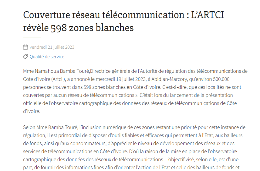ARTCI reveals 598 white zones