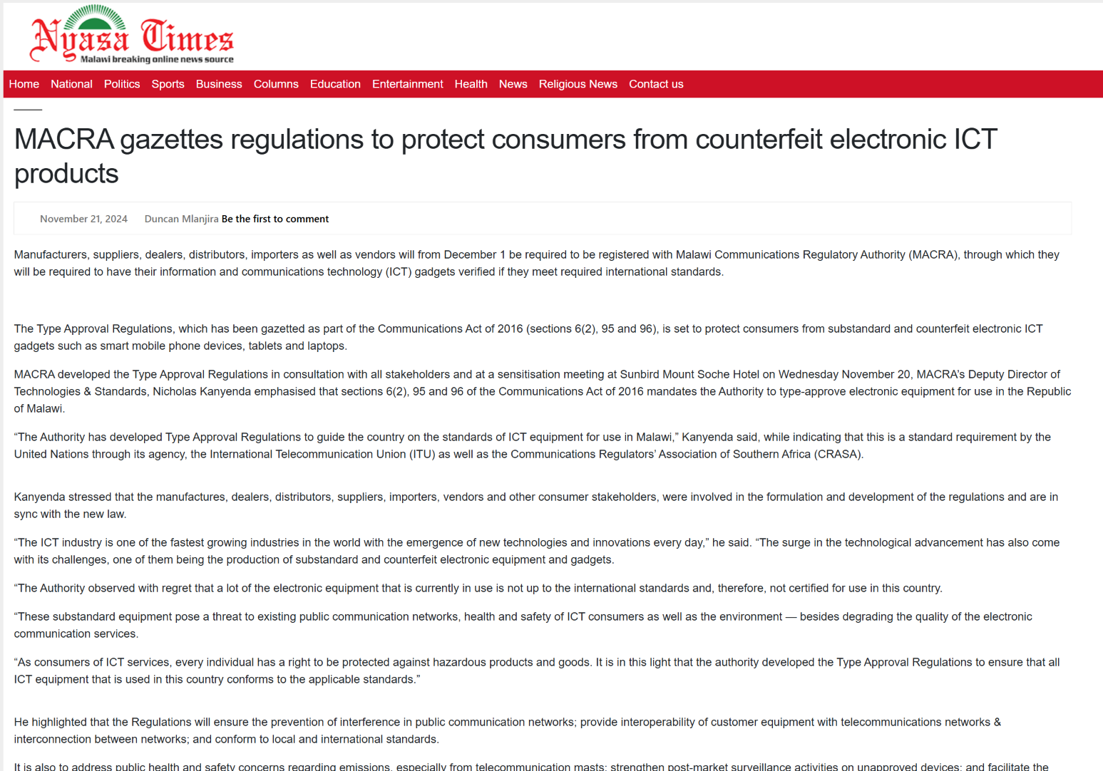 MACRA gazettes regulations to protect consumers from counterfeit electronic ICT products