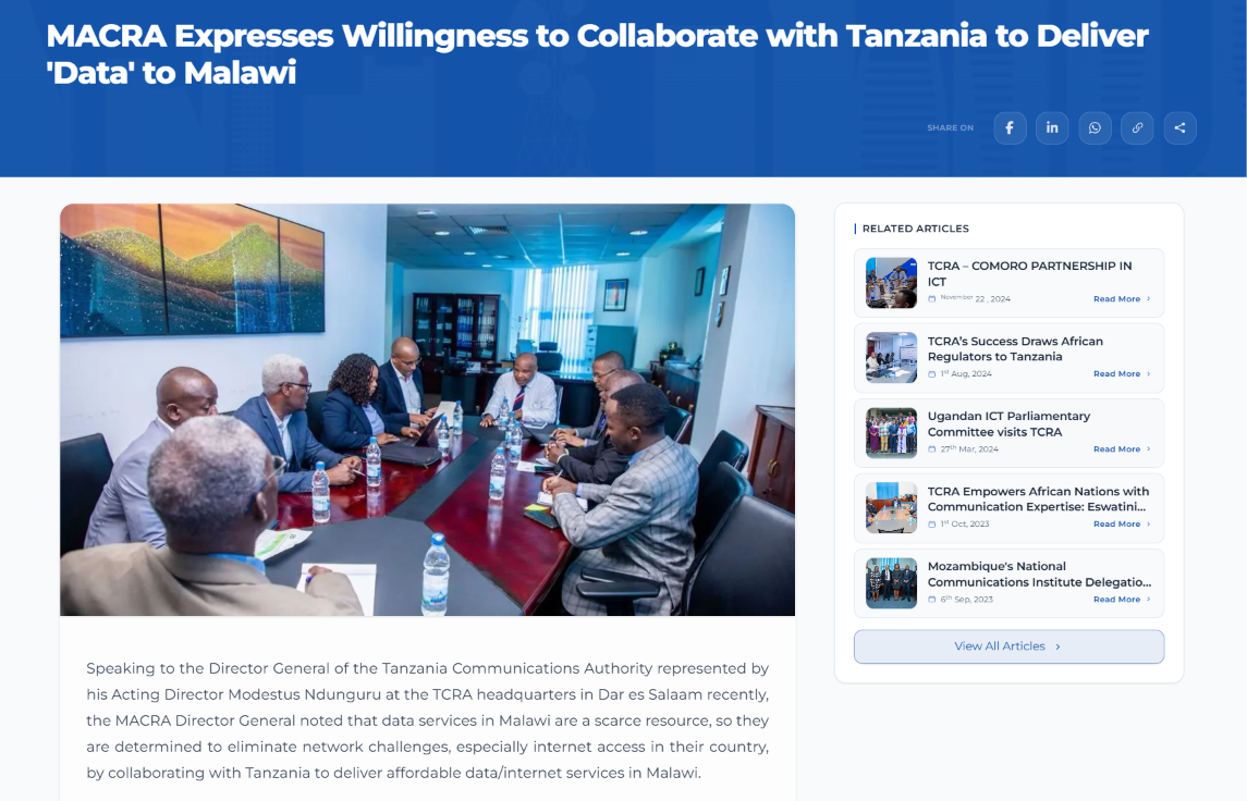 MACRA souhaite coopérer avec la Tanzanie pour améliorer l’accès aux services de données au Malawi